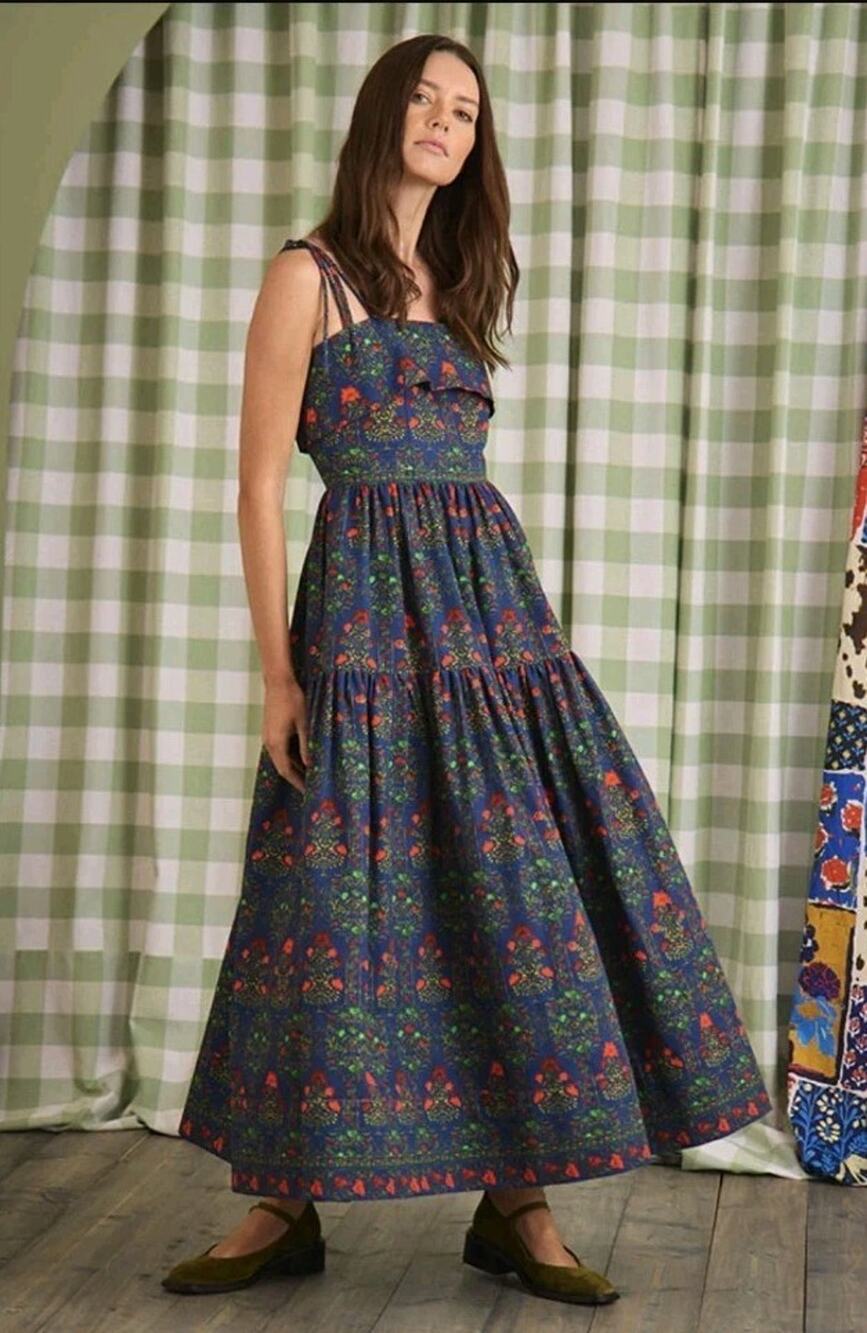 Hunter Bell Midnight Garden Midi Dress Size 8 Blue Floral Tiered Tie Strap